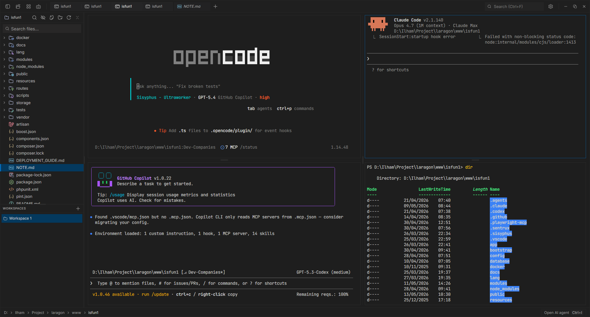 TEDI screenshot: terminal with split panes and editor side-by-side